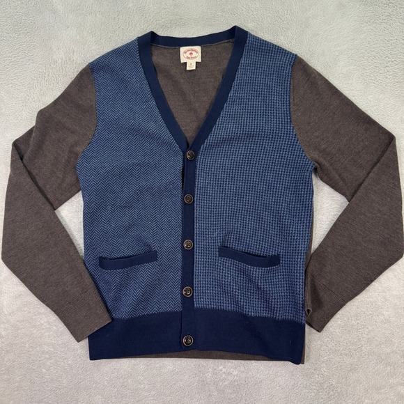 Brooks Brothers Red Fleece Mens Medium Merino Wool Cardigan Brown Blue Pattern
